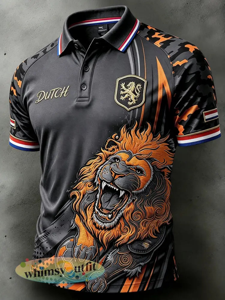 Donkergrijs casual poloshirt voor heren met leeuwenprint in Nederlandse stijl - Donkergrijs / S
