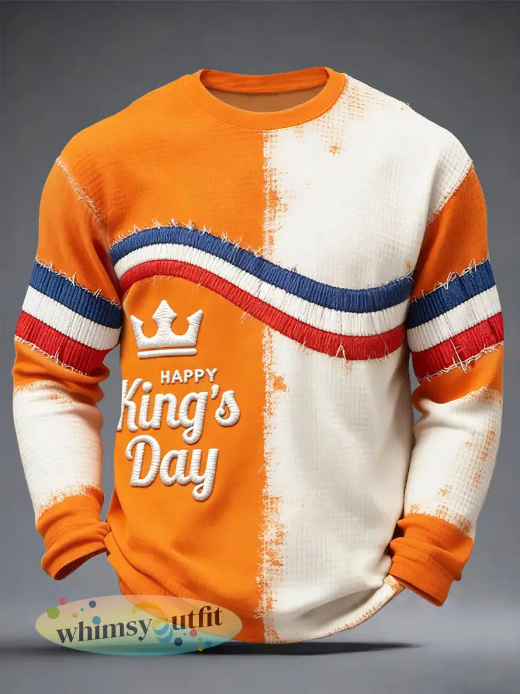 Duich King’s Day Vintage Patchwork Print Casual Waffle Weave T-shirt met lange mouwen - Oranje wit / S