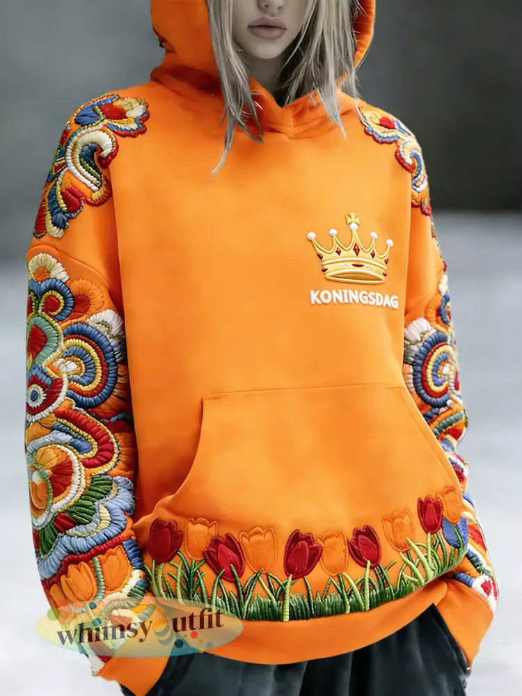 Dutch Koningsdag geborduurd bloemenprint sweatshirt met capuchon - Sinaasappel / S