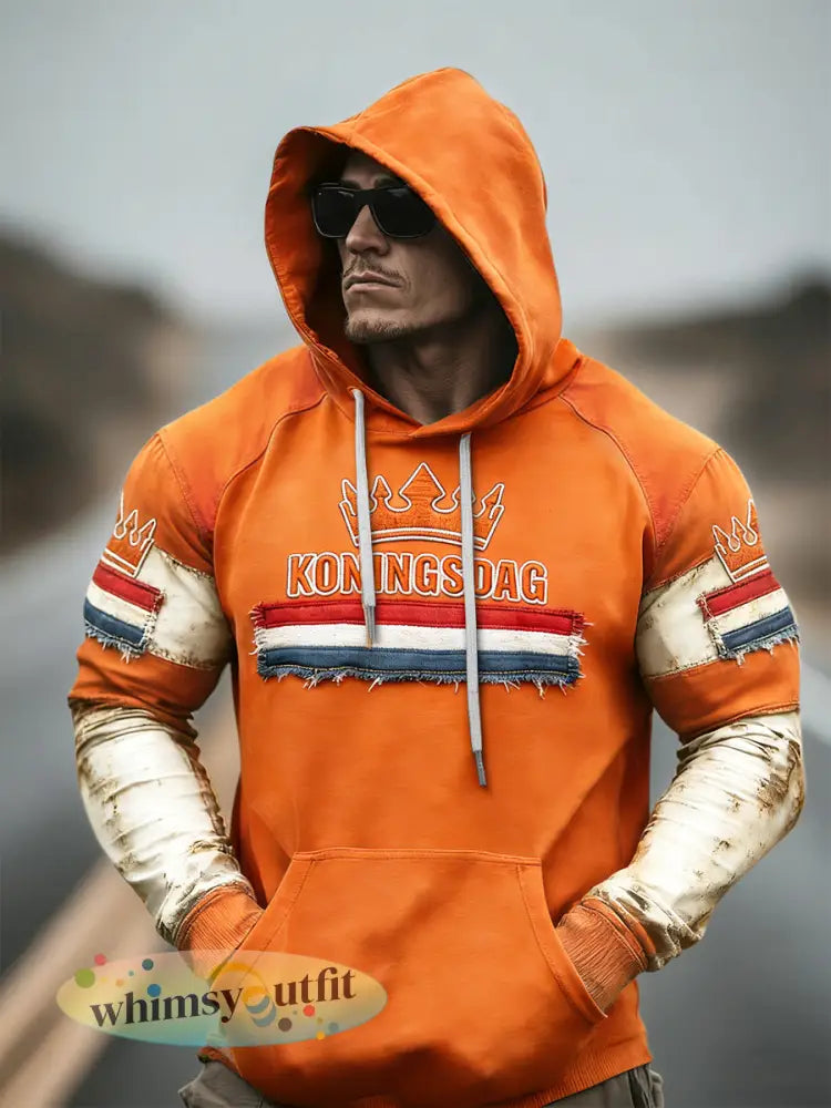 Dutch Koningsdag Vintage patchwork print Raglan sweatshirt met capuchon - Sinaasappel / S