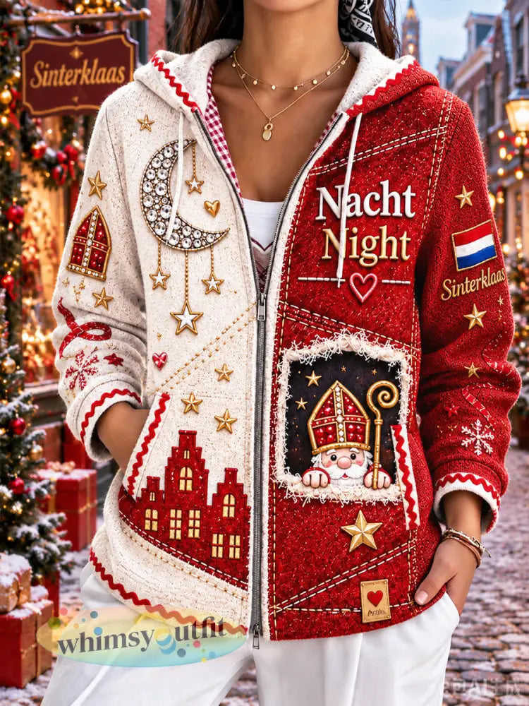 Dutch sinterklaasdag patchwork print casual jas met capuchon - Veelkleurig / S