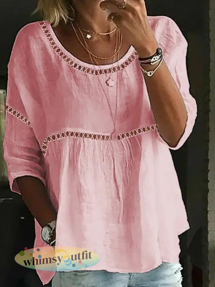 Eenvoudig Lace Patchwork Linnen Overhemd voor dames - Roze / S