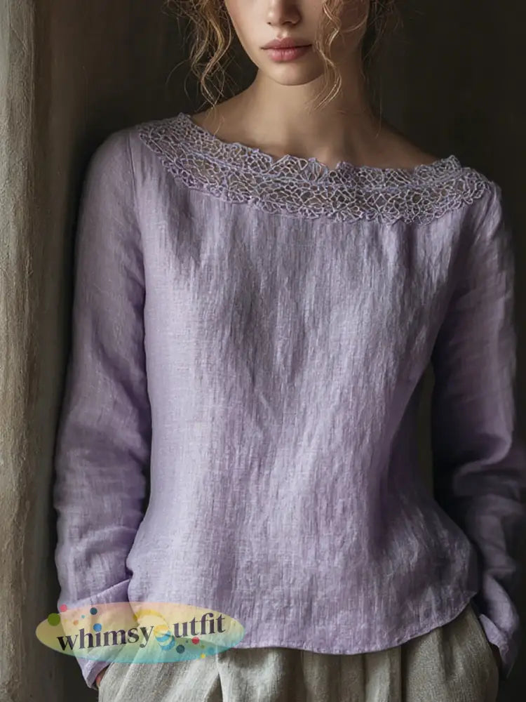 Elegant Lace Patchwork Linnen Overhemd voor dames - Purper / S