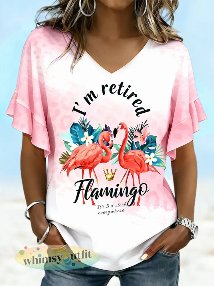 Flamingo dag luipaardprint casual T-shirt met V-hals en kleuter voor dames - Roze / S