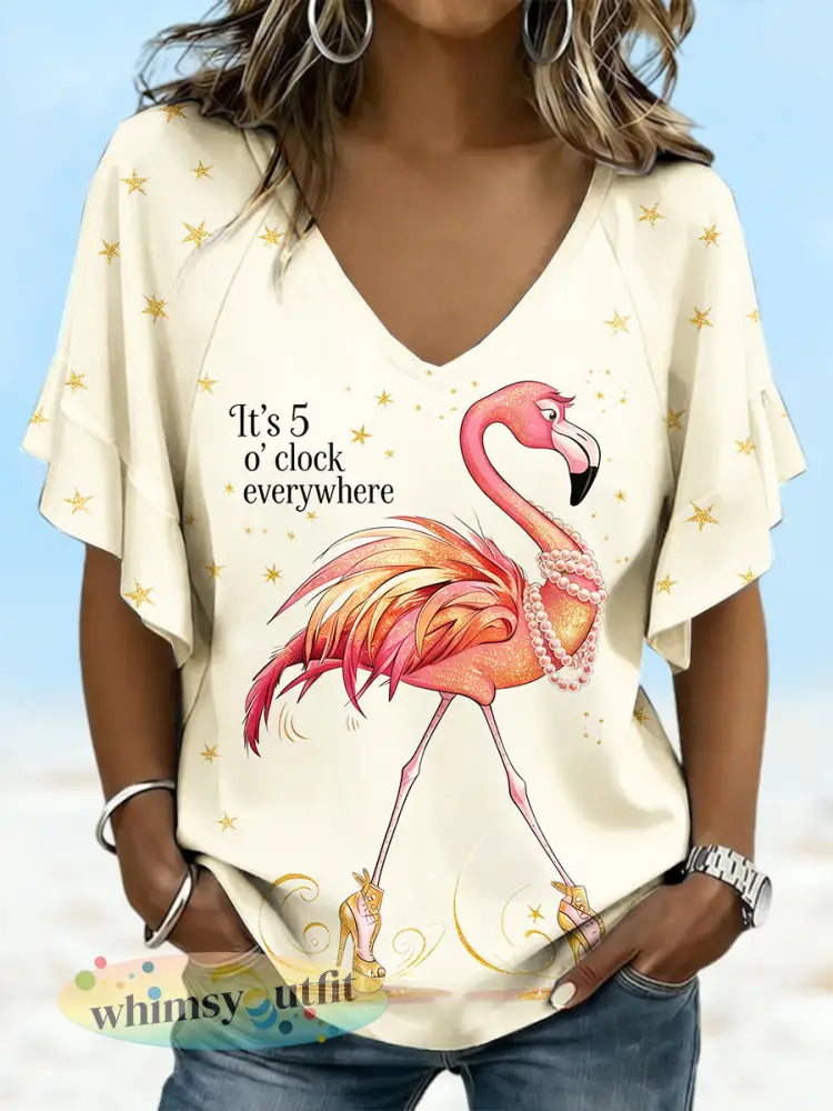 Flamingo Day geel gedrukt casual V-hals T-shirt - Abrikoos / S