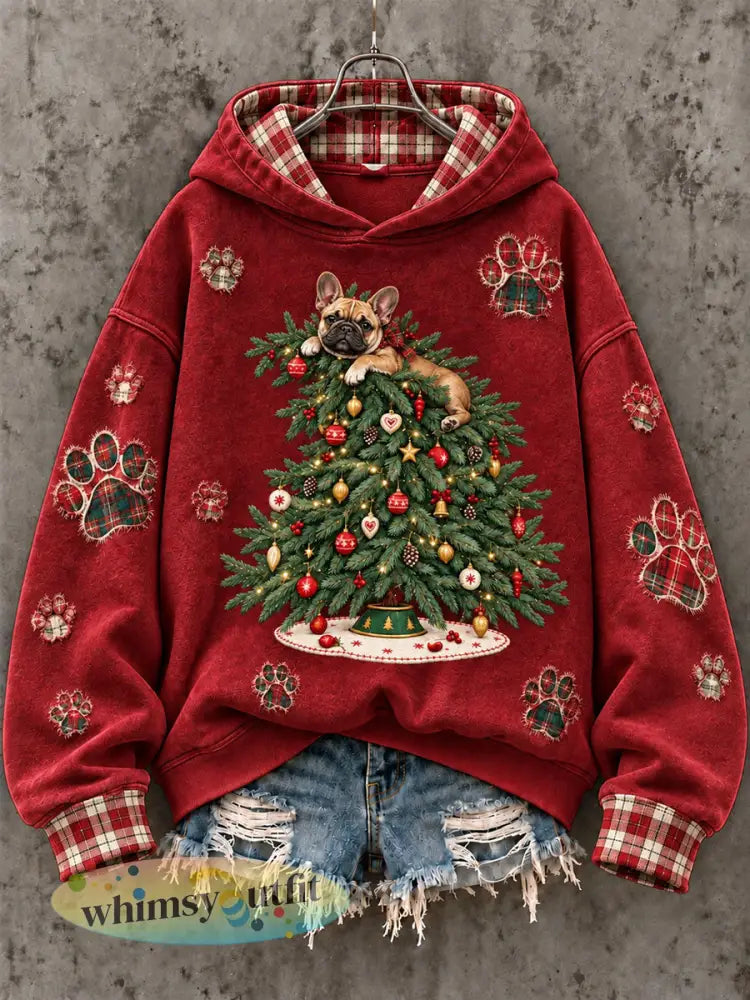 Franse Bulldog kerstboomprint sweatshirt voor dames - Rood / S
