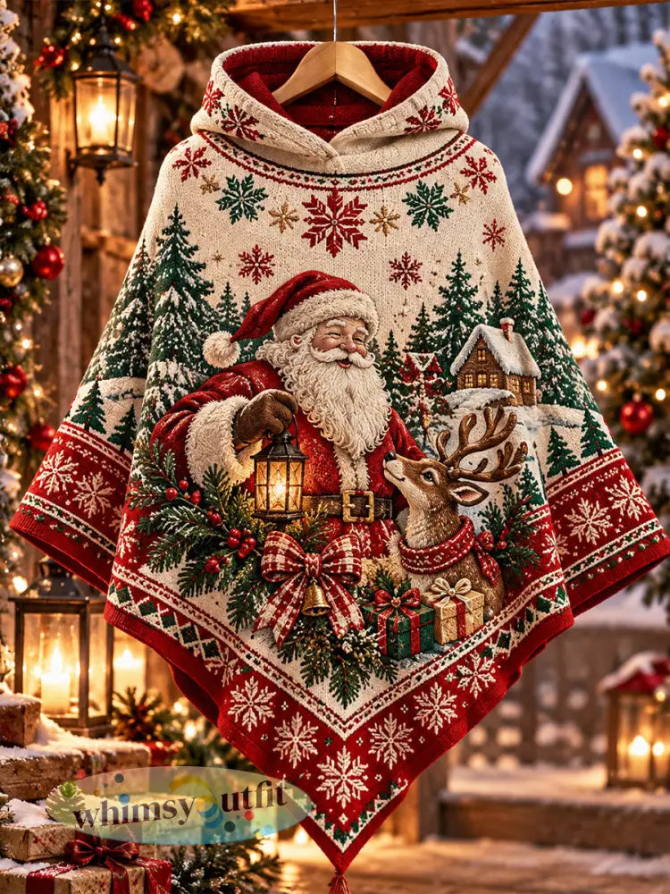 Gebreide capes met capuchon en kerstprint voor dames - A / ÉÉN