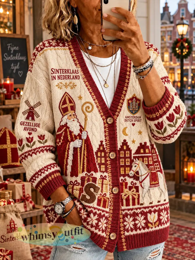 Gebreide vest voor dames met Sint-Nicolaasthema en print - A / S
