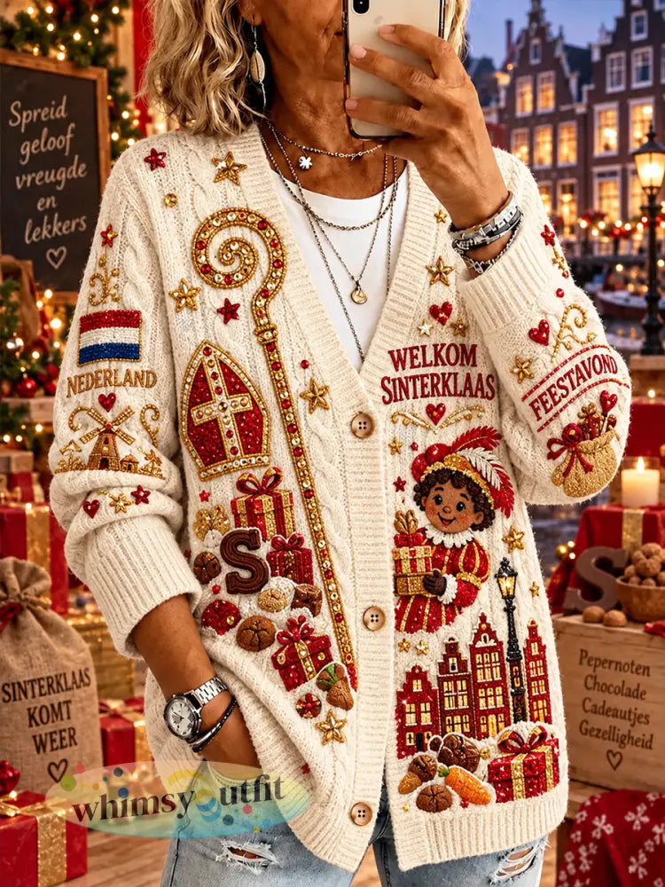 Gebreide vest voor dames met Sint-Nicolaasthema en print - A / S