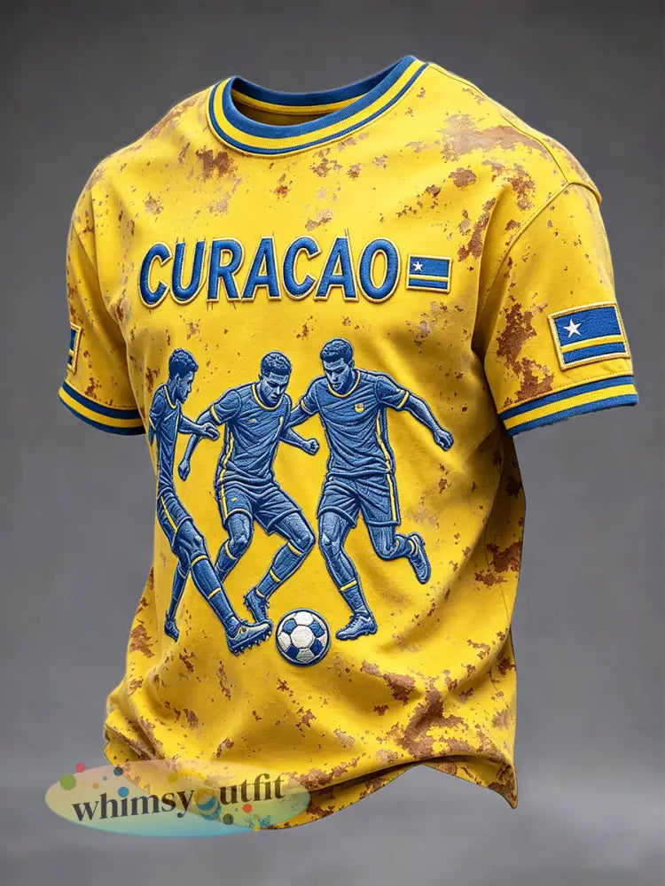 Geel voetbal-T-shirt voor heren met trekkoord en vintageprint casual stijl - Geel / S