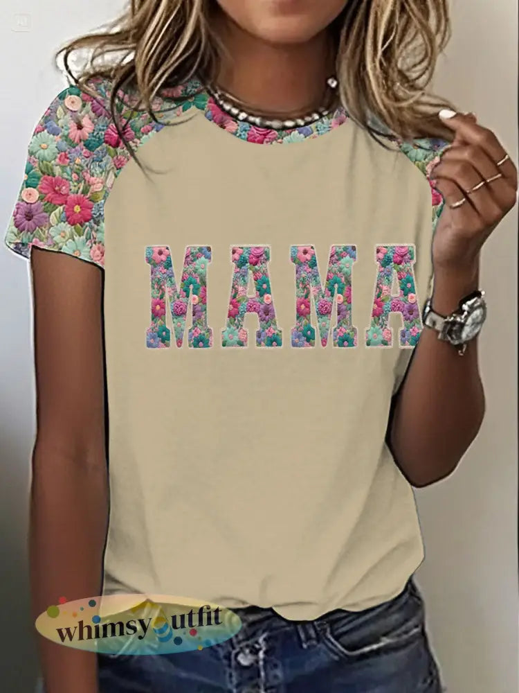 Gepersonaliseerde Mama Bedrukte T-shirt met ronde hals en korte mouwen voor dames - Romig-Wit / S