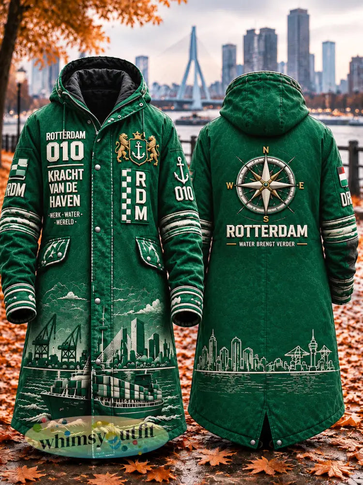 Groene lange casual herenjas met capuchon en Rotterdam-stadprint - Groen / S