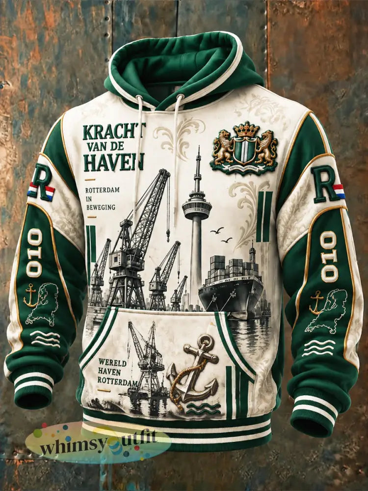 Heren beige Rotterdam-stadprint casual sweatshirt met capuchon - Romig-Wit / S
