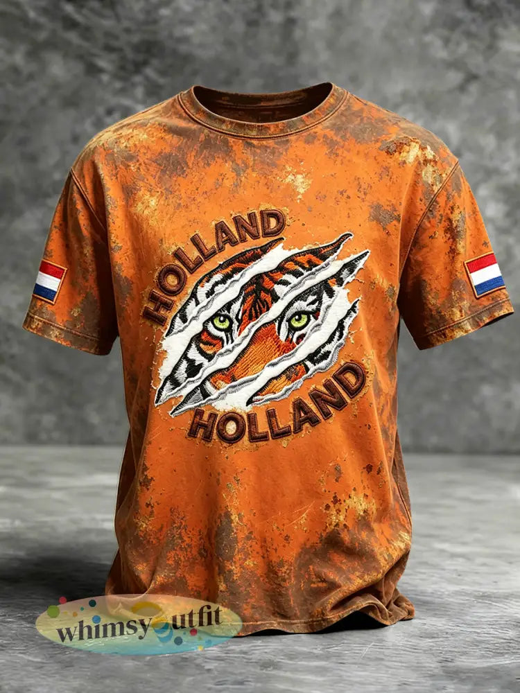 Heren casual t-shirt in vintagestijl met verweerd oranje Nederlandse tijgerprint - Sinaasappel / S
