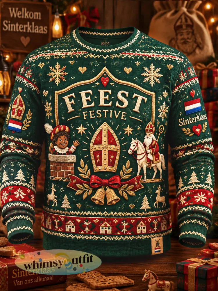 Heren-Dag van Sint-Nicolaas zwarte-piet-print casual top met lange mouwen - Donkergroen / S