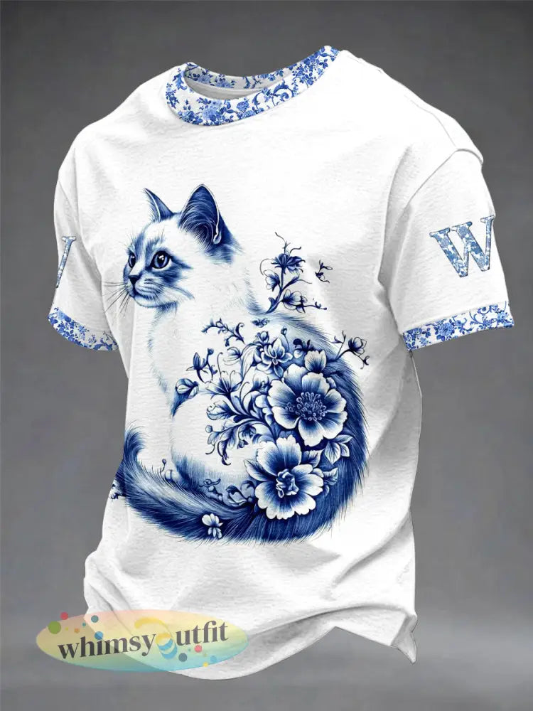 Heren Dieren Kat Retro Uniseks Casual T-shirt met korte mouwen - Wit / S