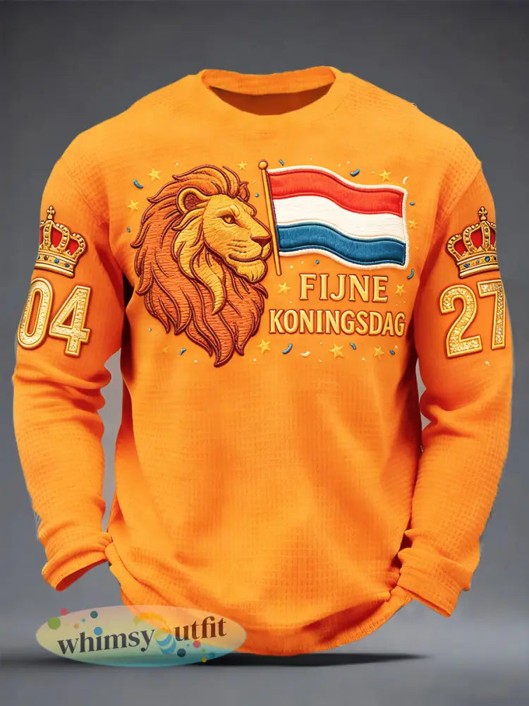 Heren Nederland 0427 Koningsdag Leeuwenprint T-shirt met lange mouwen - Orange / S