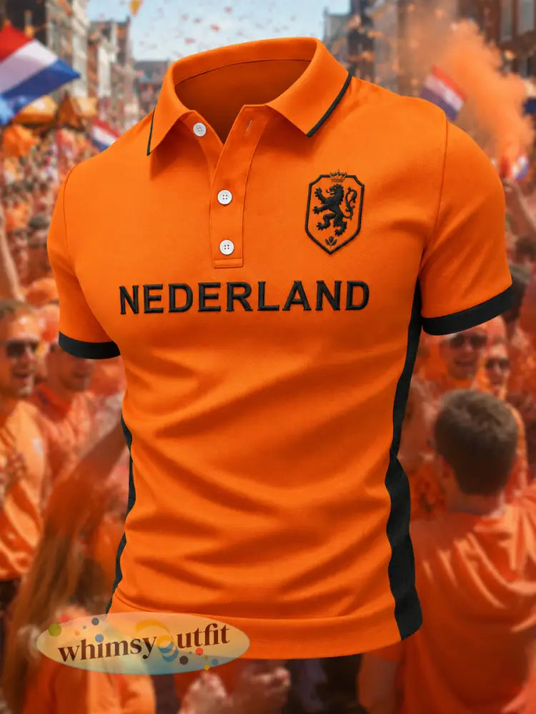 Heren Nederland-print casual polo - Sinaasappel / S