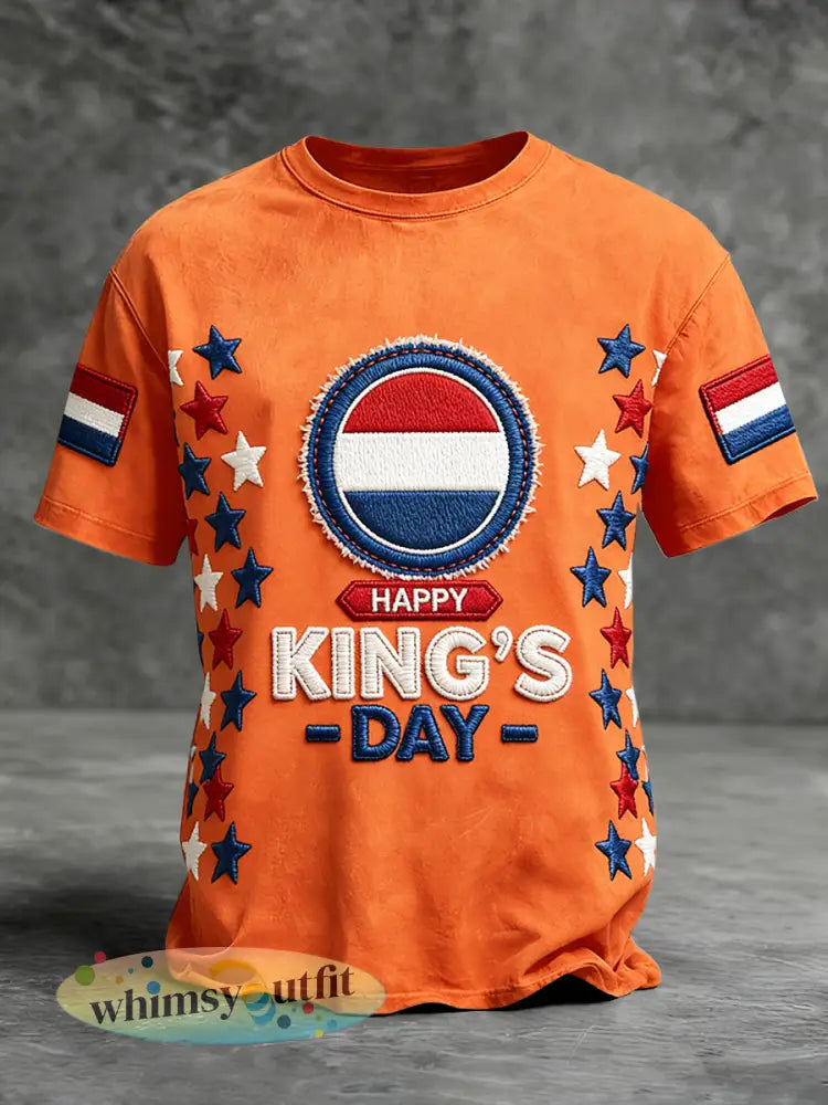 Heren Nederland Vlag Koningsdag Patchwork Print Oranje Casual T-shirt - Sinaasappel / S
