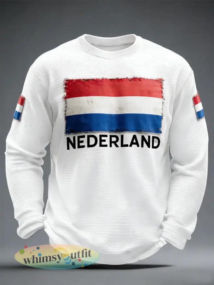 Heren Nederland Vlag Print Casual Wafel Lange Mouw T-shirt - Wit / S