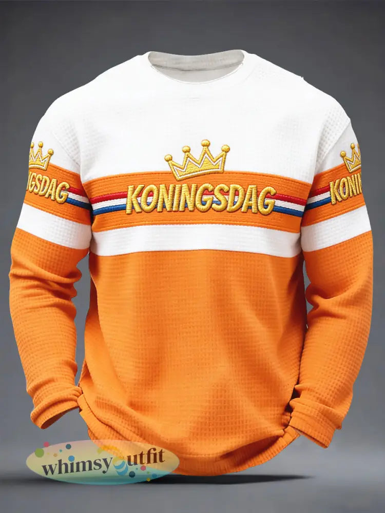 Heren Nederlands Koningsdag Gestreepte Print Casual Wafelweefsel T-shirt met Lange Mouwen - Sinaasappel / S