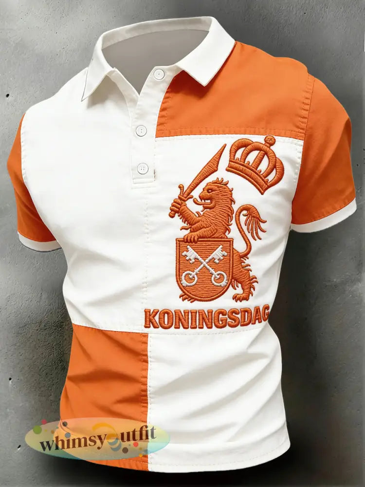 Heren Nederlands Koningsdag patchworkprint casual poloshirt - Sinaasappel / S