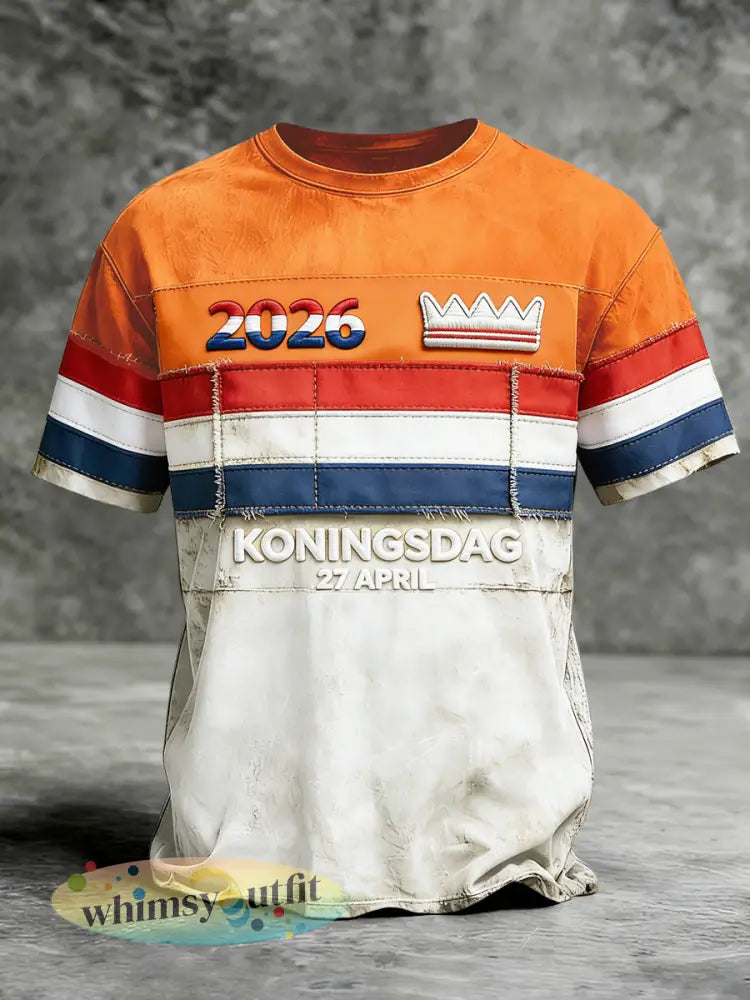 Heren Nederlands Koningsdag patchworkprint casual T-shirt - Sinaasappel / S