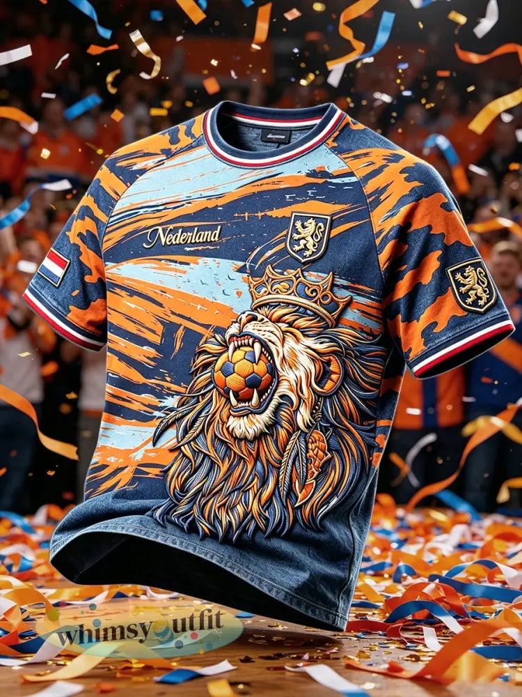 Heren Nederlands voetballeeuwen camouflage patchworkprint casual T-shirt - Veelkleurig / S
