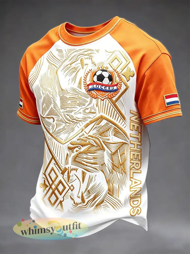 Heren Nederlands voetbalprint casual T-shirt - Romig-Wit / S