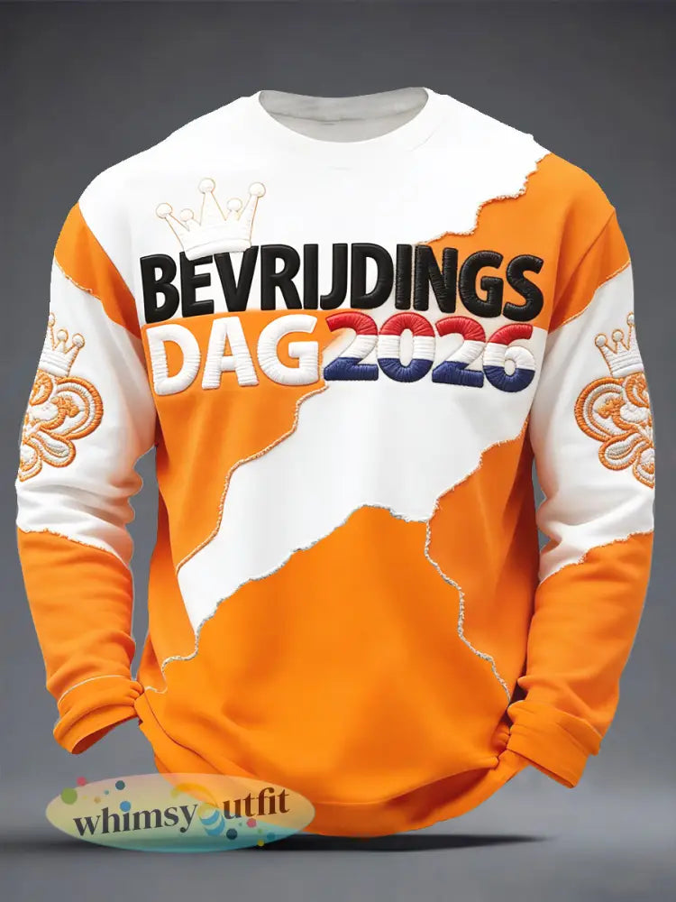 Heren Nederlandse Bevrijdingsdag Onregelmatige patchwork print T-shirt met lange mouwen - Sinaasappel / S