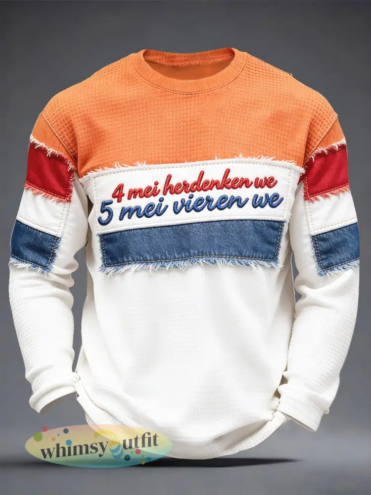 Heren Nederlandse Bevrijdingsdag Patchwork Print Waffle Weave T-shirt met lange mouwen - Oranje wit / S