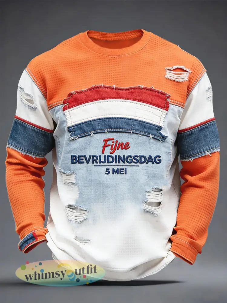 Heren Nederlandse Bevrijdingsdag versleten tweedelig print casual T-shirt met lange mouwen - Sinaasappel / S