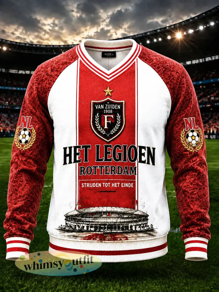 Heren Feyenoord Nederlandse Eredivisie voetbal patchworkprint casual sweatshirt met V-hals - Rood / S