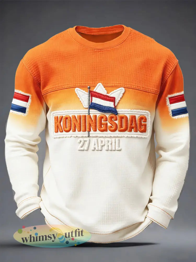 Heren Nederlandse Koningsdag gradiënt patchwork print wafel geweven T-shirt met lange mouwen - Sinaasappel / S