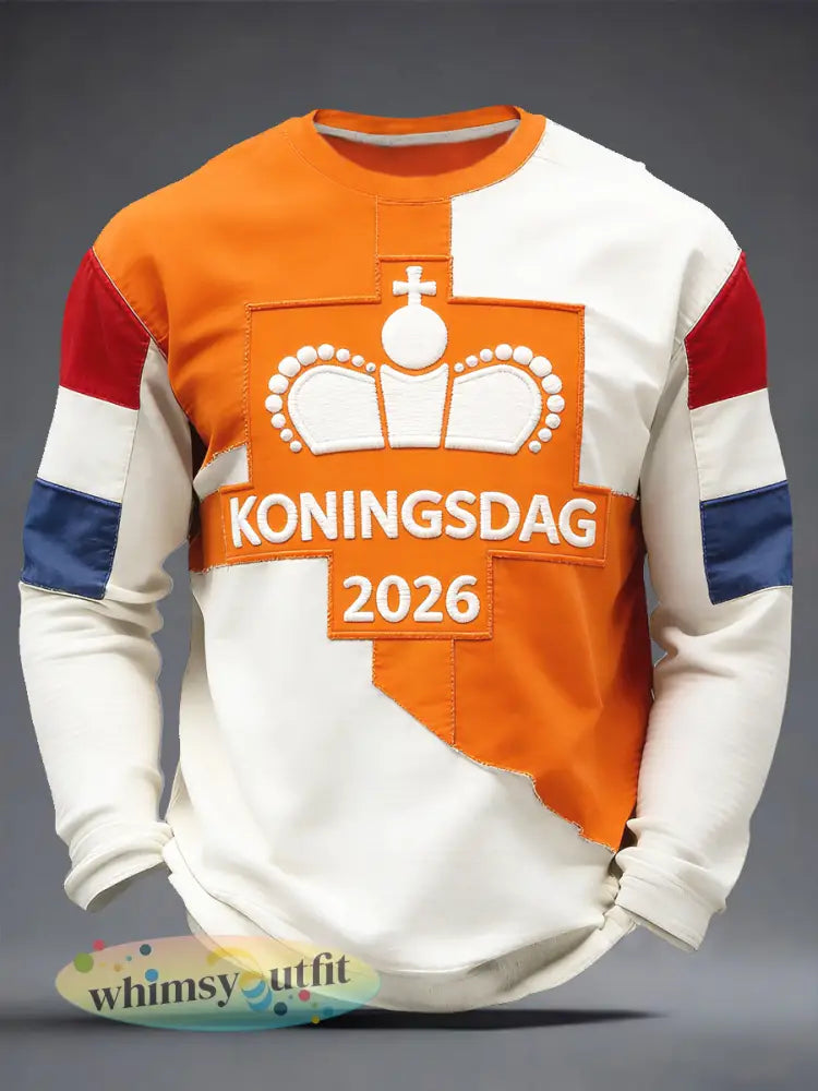 Heren Nederlandse Koningsdag Kroon Patchwork Print Casual T-shirt met lange mouwen - Veelkleurig / S