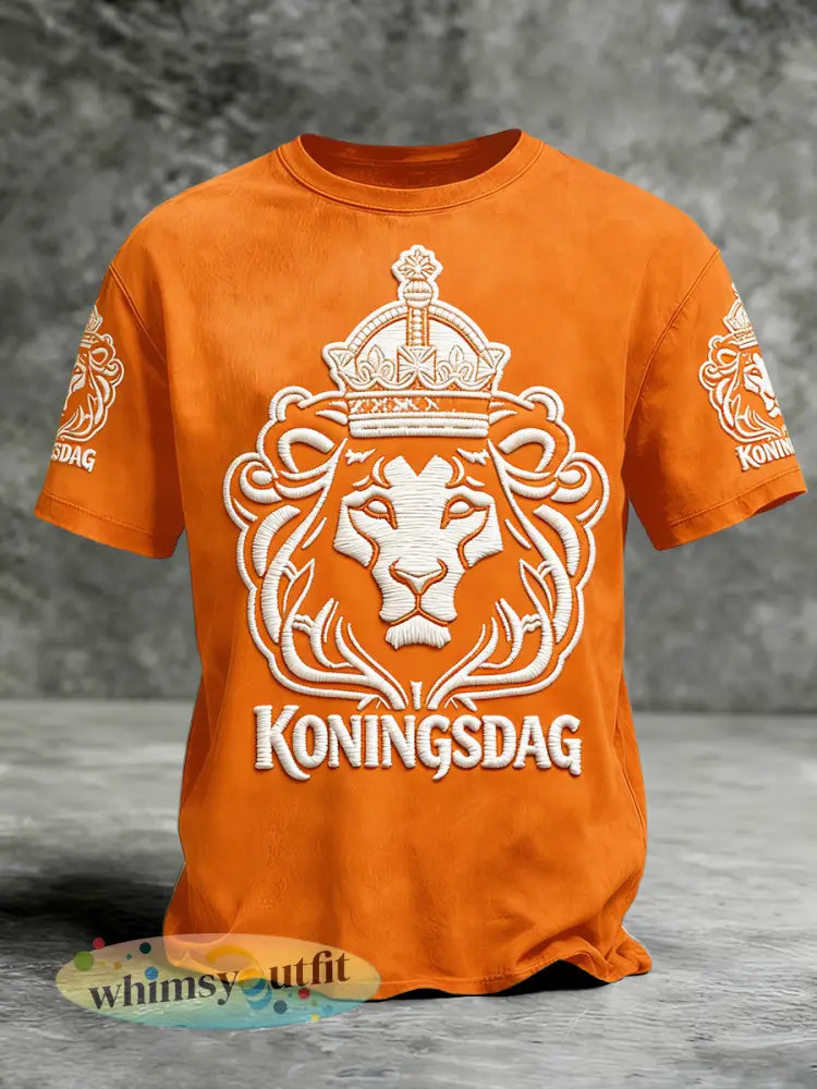 Heren Nederlandse Koningsdag Leeuw Geborduurde Print Casual T-shirt - Sinaasappel / S