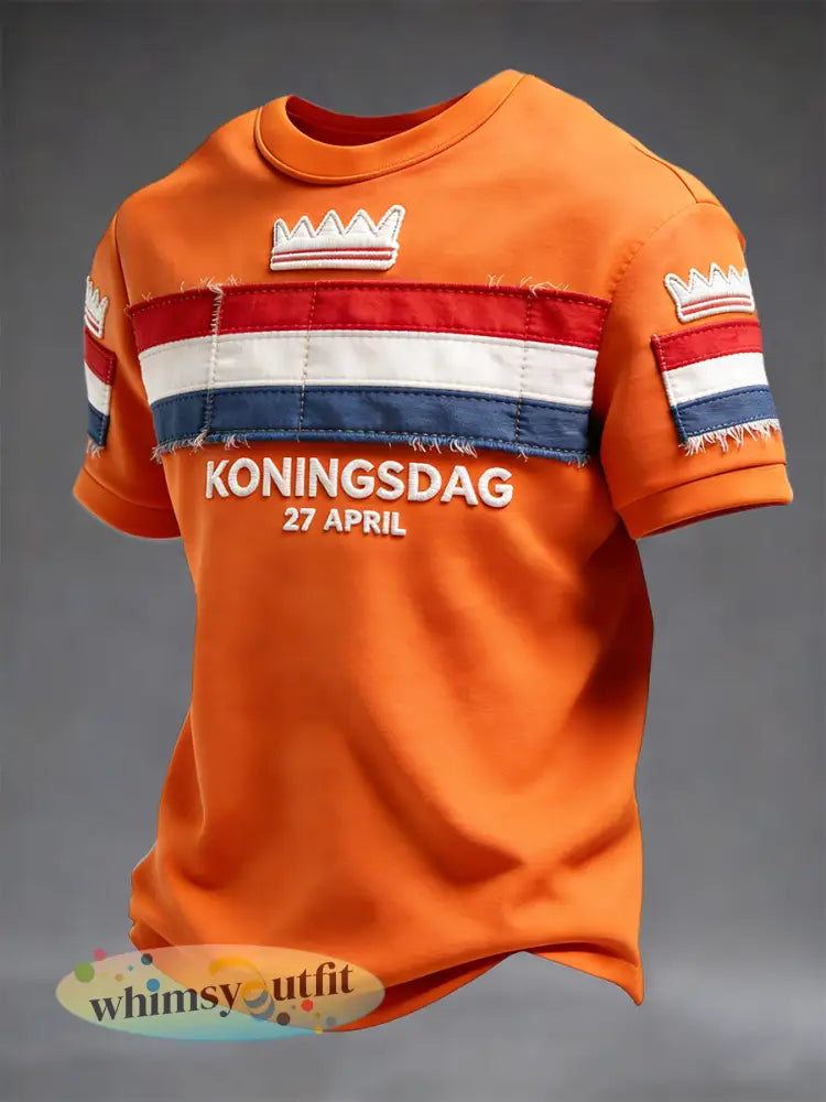 Heren Nederlandse Vlag Koningsdag Patchwork Print Casual T-shirt - Sinaasappel / S