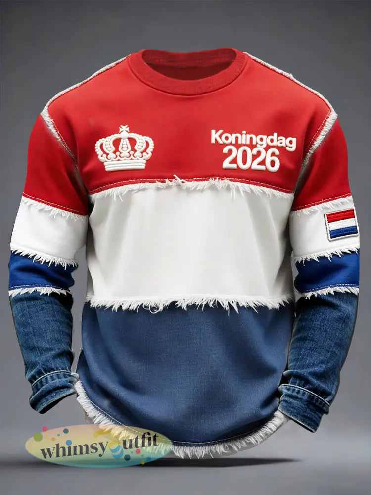 Heren Nederlandse Vlag Patchwork Koningsdag Print Casual Waffle Weave T-shirt met lange mouwen - Veelkleurig / S