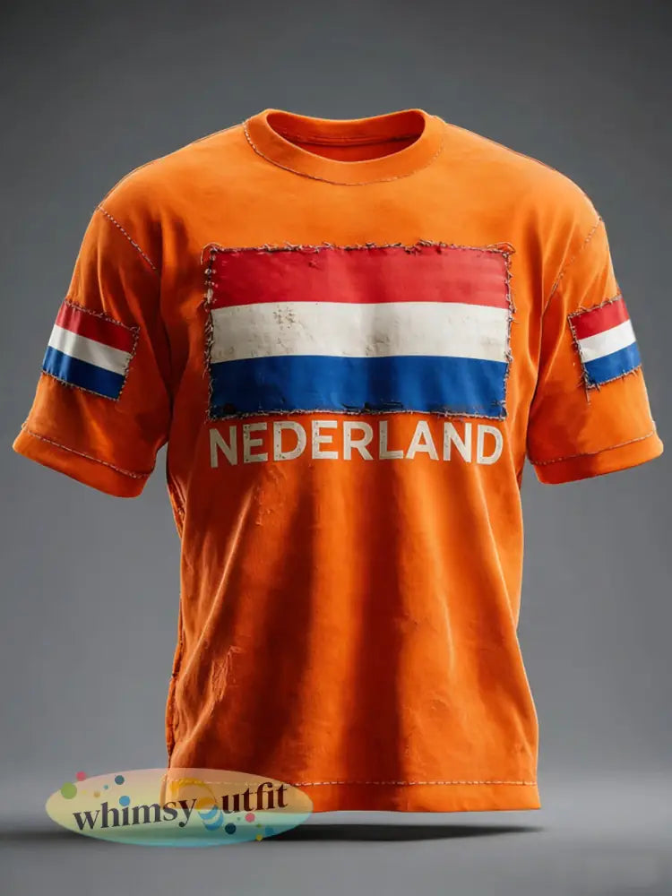 Heren Nederlandse vlag print casual T-shirt - Sinaasappel / S