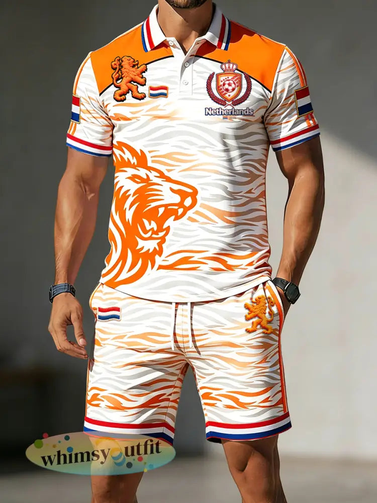 Heren Nederlandse voetbal gestreepte print casual mode poloshirt en korte broek set - Oranje wit / S