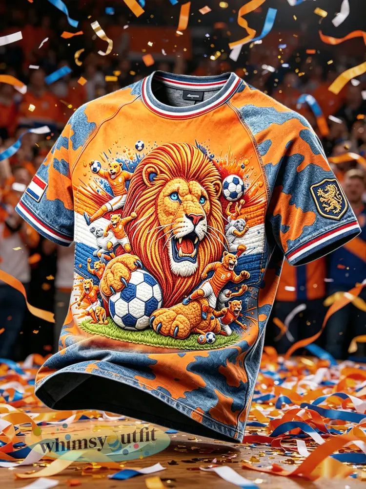 Heren Nederlandse Voetbal Leeuwen Camouflage Graffiti Print Casual T-shirt - Veelkleurig / S