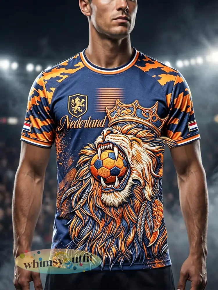 Heren Nederlandse Voetbal Leeuwen Camouflage Patchwork Print Casual T-shirt - Blauw / S