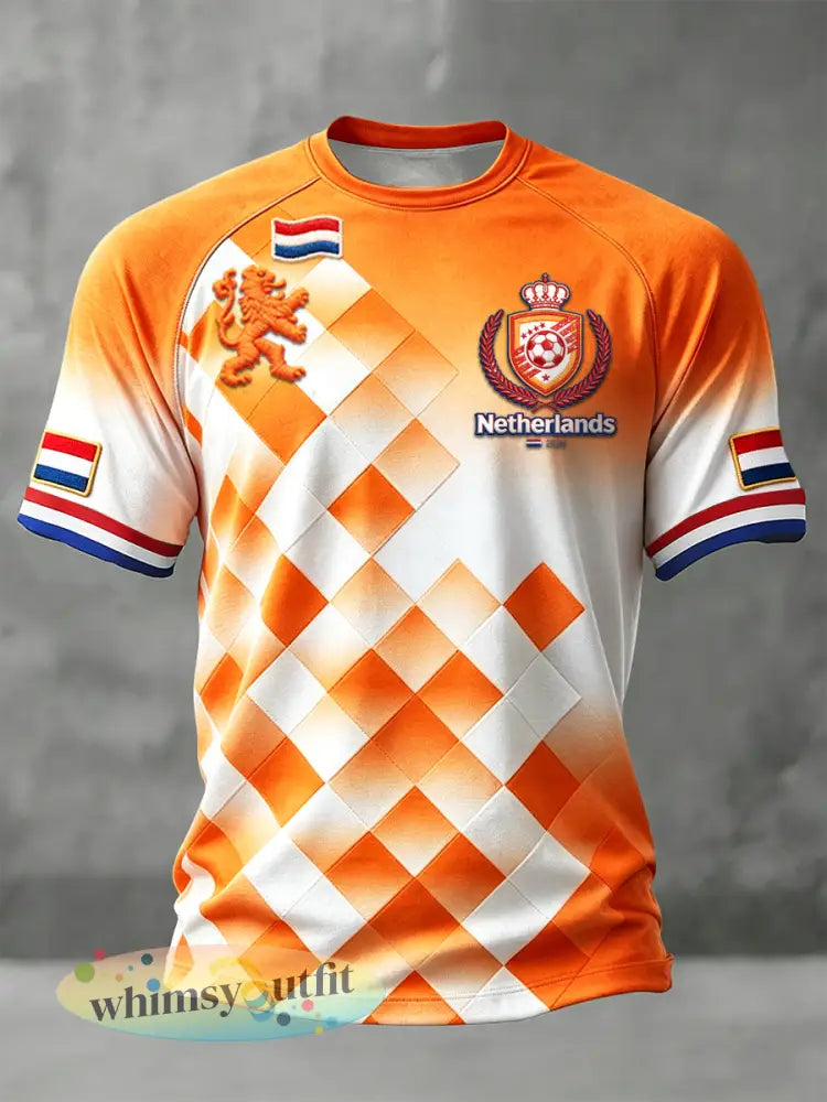 Heren Nederlandse voetbalverloopprint casual trui-t-shirt met vrije schouders - Oranje wit / S