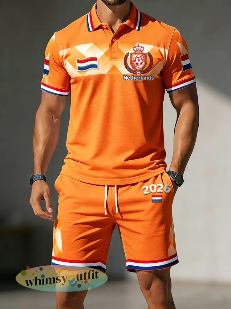Heren oranje Holland 2026 voetbalprint casual poloshirt en korte broek set - Sinaasappel / S