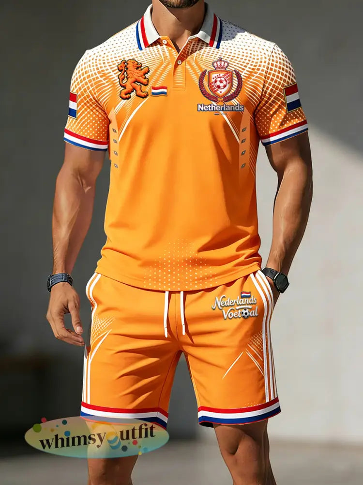 Heren Oranje Nederlands Voetbal 3D-Gedrukte Casual Poloshirt en Shorts Set - Sinaasappel / S