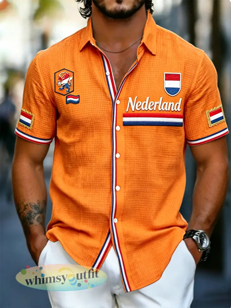 Heren oranje Nederlandse vlag print casual shirt met korte mouwen - Sinaasappel / S