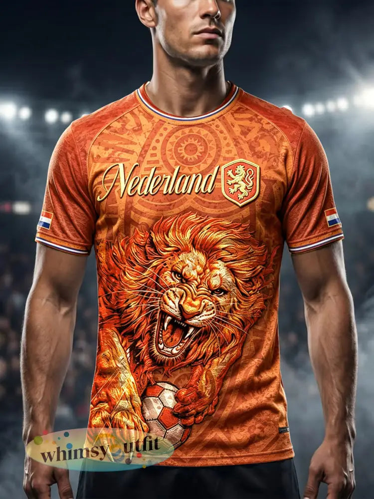 Heren Oranje Nederlandse Voetbal Lion Print Casual T-shirt - Sinaasappel / S