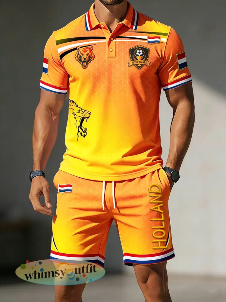 Heren oranje Nederlandse voetbalprint casual mode poloshirt en korte broek set - Sinaasappel / S