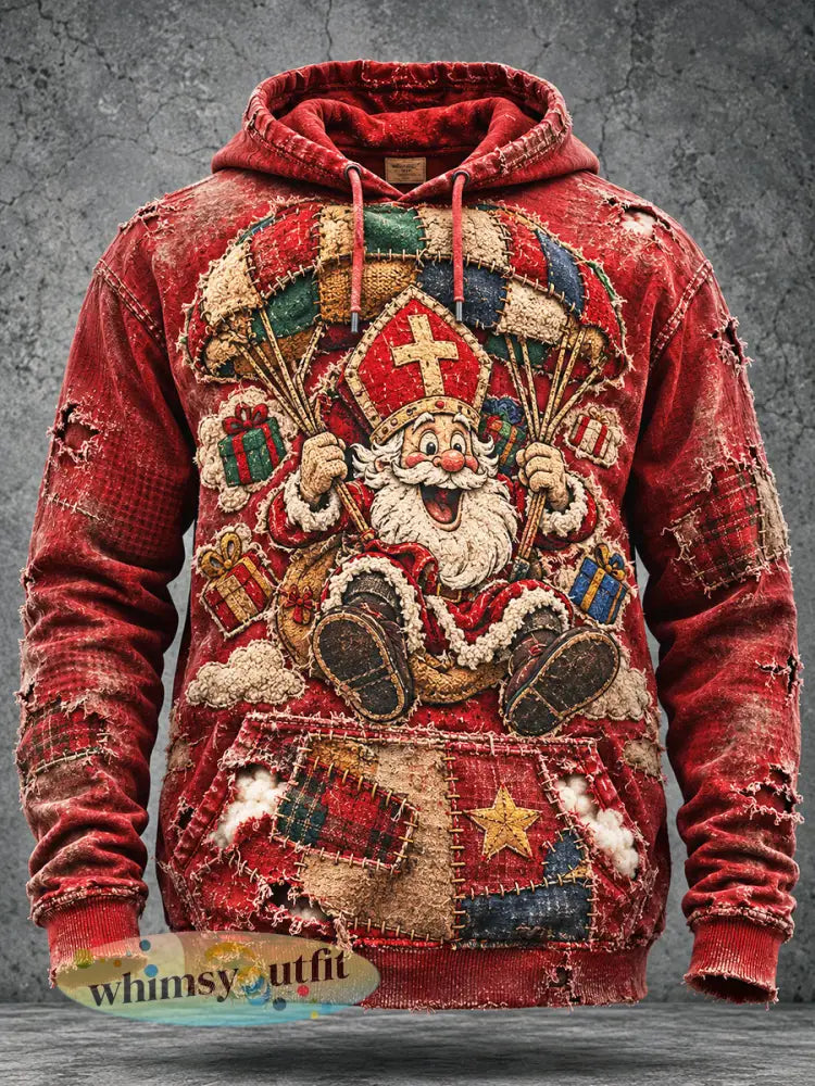 Heren retro rode Nederlands Sinterklaasfeest patchworkprint casual sweatshirt met capuchon - Rood / S