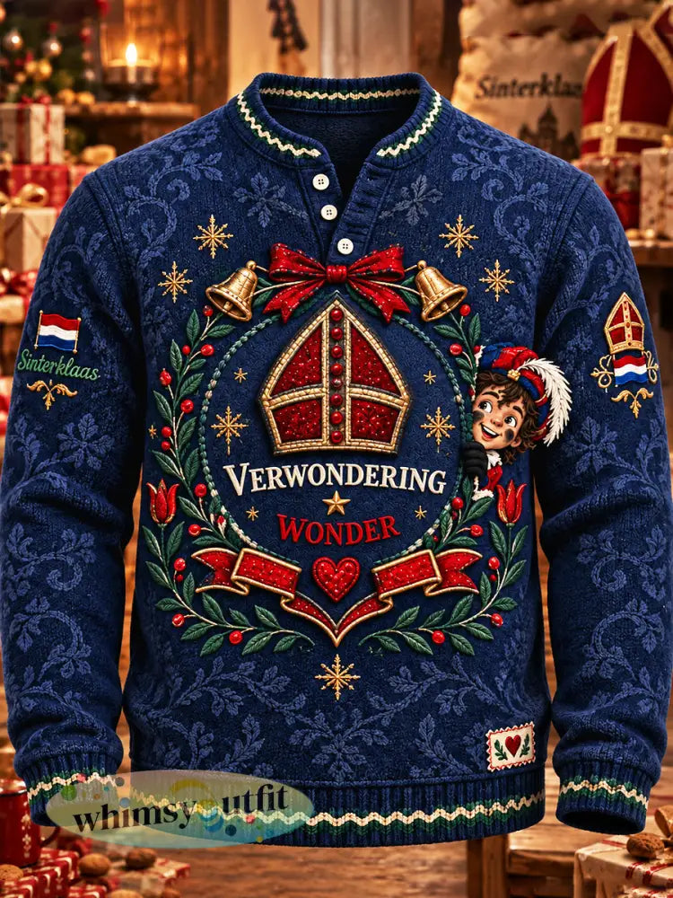 Heren sweatshirt met Henley-hals en Sinterklaasprint casual stijl - Diep Blauw / S